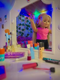 a doll is standing in front of a mirror with various makeup products on the counter