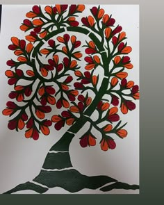 a drawing of a tree with red flowers on it