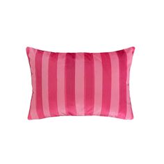 a pink and white striped pillow on a white background