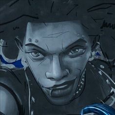 an animated image of a man with blue hair and piercings on his face, looking at the camera