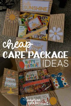 an open cardboard box filled with cards and some words on the inside that says, cheap care package ideas