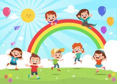 children jumping in the air over a rainbow with balloons and sun behind them, on a sunny day