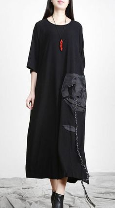 Modern Black O Neck Side open Fall Dress Moda Hippie, Cotton Bracelet, Modern Dress, Spring Dresses