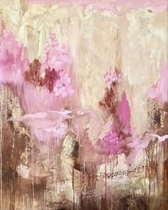 an abstract painting with pink flowers and dripping paint