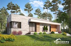 this is a computer rendering of a modern house in the woods with trees and flowers