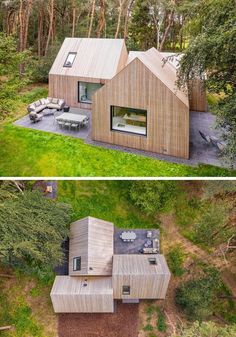 two pictures of the inside and outside of a house with wood sidings on it