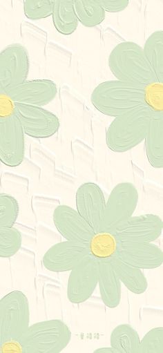 a painting of green flowers with yellow centers on a white background that is drawn in pastel colors