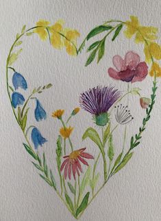 watercolor painting of flowers arranged in a heart shape on white paper with blue, yellow and pink colors