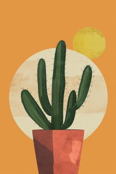 a green cactus in a red pot on an orange background with the sun behind it