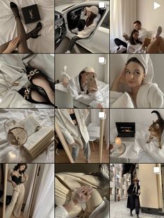 a collage of photos showing various women dressed in white clothing and accessories, including an open book