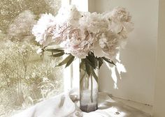 a vase filled with pink flowers sitting on top of a table next to a window