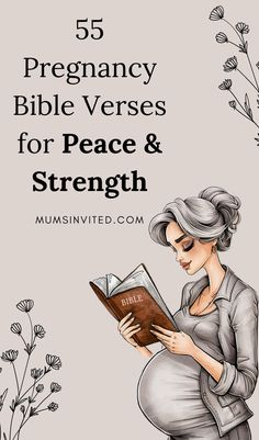 pregnant woman reading a book with the title, 5 pregancy bible verses for peace and strength