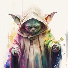 a painting of yoda from the star wars movie, with paint splattered on it