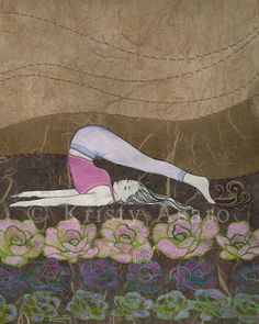 a painting of a woman laying on her stomach in the middle of flowers