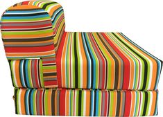 a multicolored striped chair sitting on top of a white floor