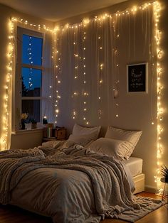 The combination of lights, decorations, and the wooden furniture creates an inviting atmosphere filled with warmth and holiday cheer. Rain Lights Bedroom, String Light Bedroom Ideas, Mini Lights Ideas Decor, Cute Lights For Bedroom, Small Room Lighting, Bedroom Fairy Lights