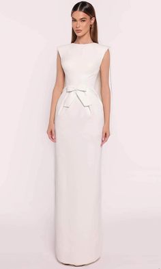 Tarik Ediz 98854 - Long Crepe Sheath Dress - Cap Sleeves, Bow Accent Waist, Sheer Cape, Back Slit, Full Length Hem – Couture Candy