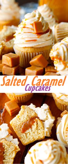 cupcakes with caramel icing and whipped cream on top are shown in this collage