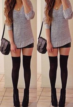 Over The Knee Socks Outfit Winter, Knee High Stockings Outfit Skirts, Thigh High Stocking Outfit Ideas, Over Knee Socks Outfit, How To Wear Thigh High Socks, Over The Knee Socks Outfit, Knee Socks Outfits, Long Socks Outfit, Thigh High Socks Outfit