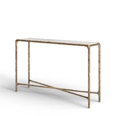 a gold metal console table with a marble top and curved legs, against a white background