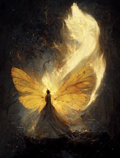 a painting of a woman with yellow wings