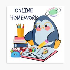 a penguin reading a book while wearing glasses and holding a pencil in his hand with the words online homework on it