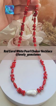 A unique and vibrant boho choker necklace, made with natural red coral beads and baroque focal white pearl bead, finished with gold plated accessories. Beautiful, elegant and simple red white and gold choker necklace would be a great birthday, any holiday or any occasion gift. #redcoral #redcoraljewelry #coralnecklace #coralchoker #whitepearlnecklace #coralandpearl #redandwhite #trendingnecklace #rednecklace #redbeadednecklace Red Jewelry Necklace, Coral Choker, Necklace For Neckline, Boho Choker Necklace, Mother Of Pearl Jewelry, Pearl Jewelry Wedding, Boho Choker