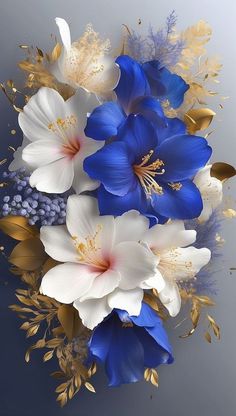 blue, white and gold flowers are arranged on a gray background with golden foiling