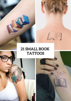 small book tattoos on the upper arm and back of women's arms, both with books in them