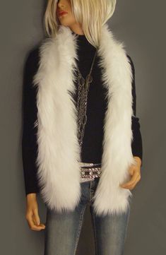 "Luxurious Faux fur scarf faux fur boa in white Angora. Beautiful & soft faux fur boa scarf measuring aprox 60\" in length. Perfect for special occasions or every day casual wear. The scarf is full fur all the way around and can be worn several different ways to keep you toasty warm and looking very chic! Don't forget to check out our other items for matching white Angora faux fur legwarmers. Beautiful, stylish, modern take on a retro vintage style scarf. Newly made and ready to ship. Hand w Fur Legwarmers, Fur Outfit, Faux Fur Shrug, Coat Collar, Faux Fur Scarf, Fur Shrug, Faux Fur Wrap, Faux Fur Scarves, Fur Wrap