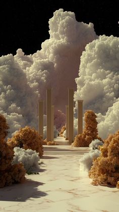 an artistic scene with tall columns surrounded by clouds