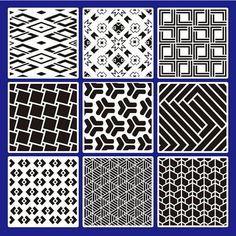 a set of nine black and white geometric patterns on a blue background, each with different shapes