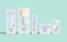 the packaging design for krussh is designed with holographics and iridescent colors