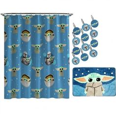 the child yoda shower curtain and bath mat are next to each other, including two toothbrushes