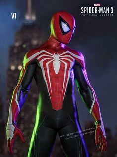 the amazing spider - man 3 costume is shown in front of a cityscape