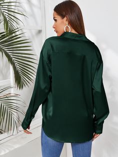 Dark Green Casual  Long Sleeve Satin Plain Tunic  Non-Stretch Spring/Fall Women Tops, Blouses & Tee Green Blouse Outfit Casual, Dark Green Blouse Outfit, Blouse Outfit Casual, Plain Tunic, Leather Blouse, Frilly Blouse, Drop Shoulder Shirt, Colorful Blouses, Modesty Fashion