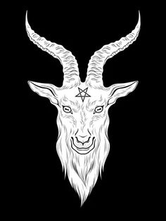 the head of an animal with long horns and a pentagramus star on it's forehead