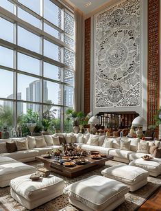 a living room filled with lots of white furniture and large windows overlooking the cityscape