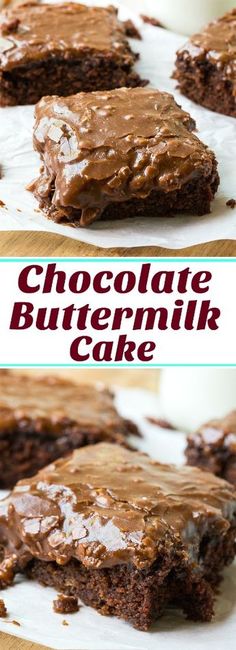 chocolate buttermilk cake with frosting on top and in the middle, cut into squares