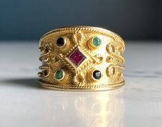 Vintage 14K Yellow Gold, Byzantine Etruscan Design Ring, With Natural Ruby, Sapphires, Emeralds. Handcrafted in Greece  Ring Size: 8 Weighs: 7 grams Gold Byzantine Jewelry With Multi-stone, Gold Byzantine Multi-stone Jewelry, Green Tourmaline Ring, Fire Opal Ring, Red Band, Ruby Sapphire, Tourmaline Ring, Multi Stone Ring, Green Tourmaline