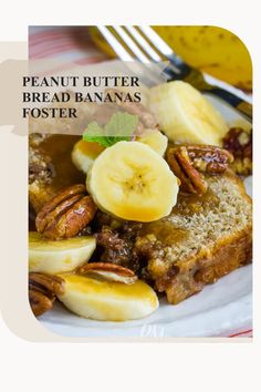 a white plate topped with french toast and sliced banana's next to a fork