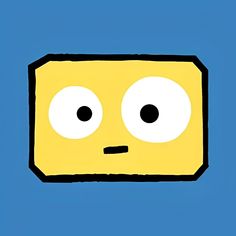 a yellow square with two eyes and one eye is looking at the camera while standing in front of a blue background