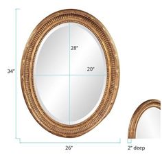 the measurements for a round mirror with gold trimmings and an oval shaped frame