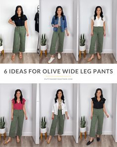 Here are 6 ideas for how to wear olive green wide leg pants, plus a roundup of other olive green pants you can try! Olive Pants Outfit Spring, How To Wear Green Pants, Olive Green Pants Outfit Work, Clean Wardrobe, Olive Pants Outfit, Olive Green Pants Outfit, Wide Pants Outfit, Green Wide Leg Pants