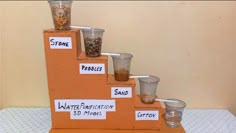 a cardboard box with cups on top of it and labels in the bottom that read, water purification