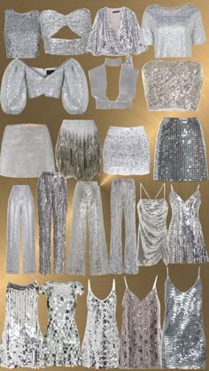 an assortment of silver sequins and dresses on display