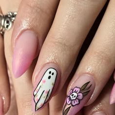 Janelle Akers on Instagram: "Anytime is spooky time 💀 #ghostnails #halloweennails" Pink Ghosts Nails, Pastel Spooky Nails, Ghost Flower Nails, Home Nail Designs, Fall Halloween Nails, Nails For Halloween, Gel Nail Ideas