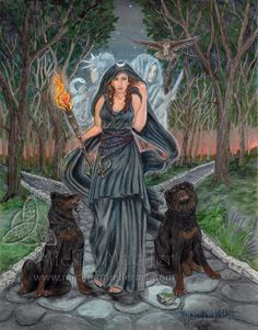 a drawing of a woman with two dogs in front of her and the moon behind her