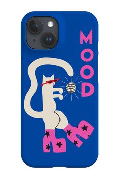 a blue phone case with an image of a cat and the words mood on it