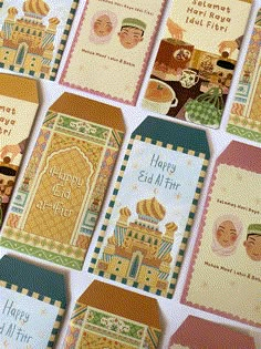 many different greeting cards are arranged on a table with the words happy eid al fitr